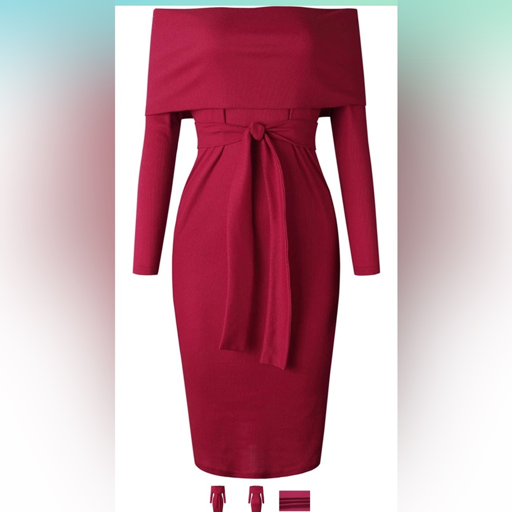 Off the shoulder ribbed sweater dress.